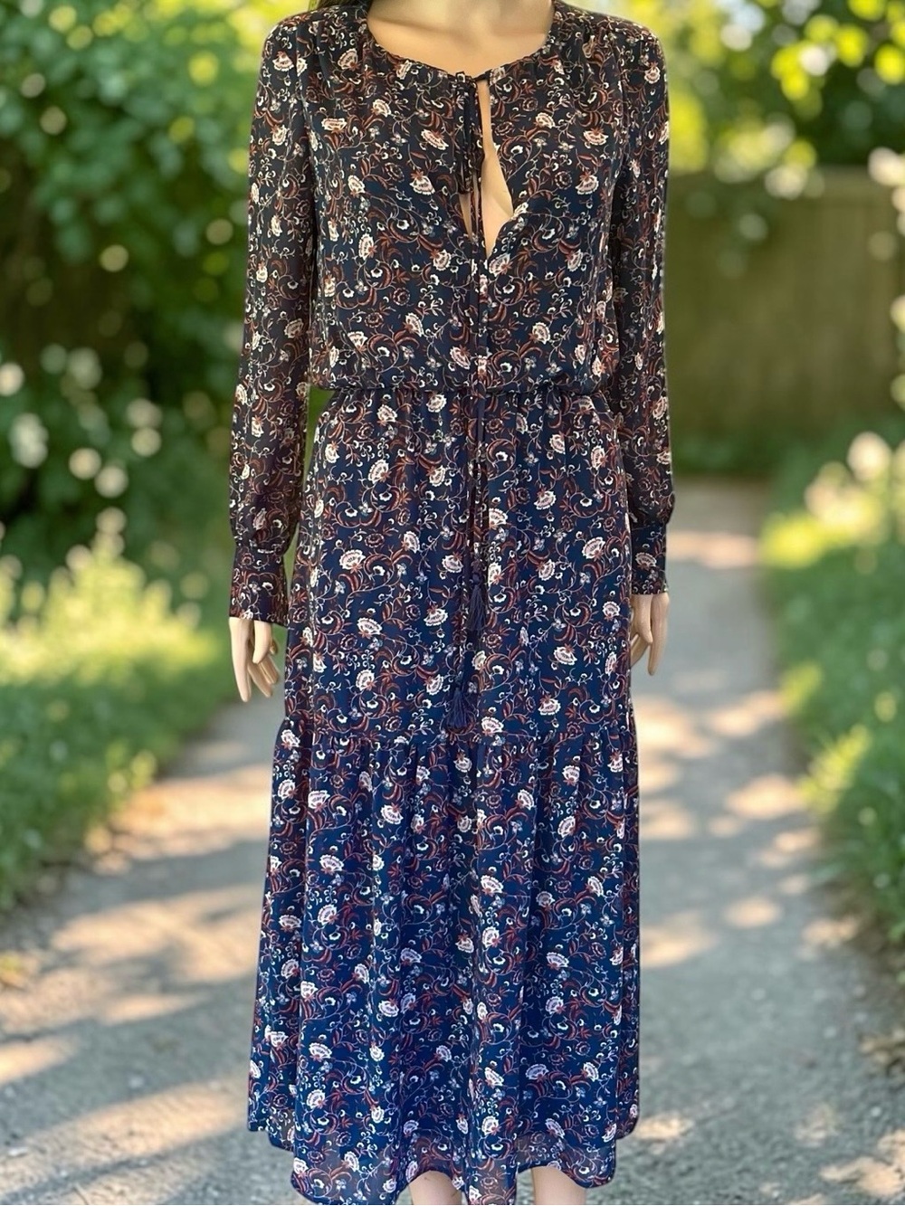 WAYF (Where Are You From) Navy Floral Maxi Dress XS Boho Sheer Sleeves Lined